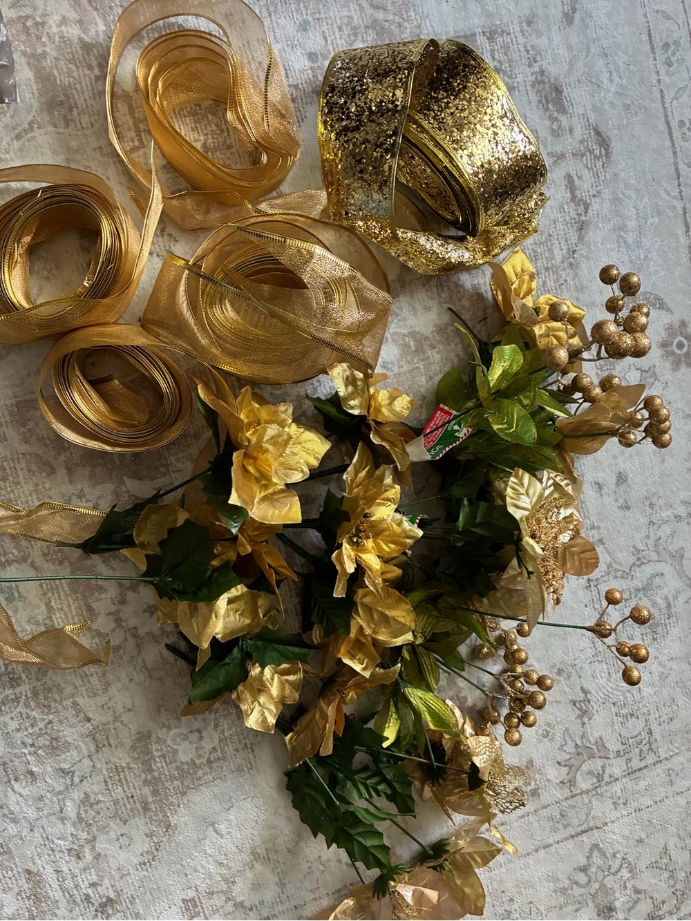 Gold Decorative Floral Stem Bundle with Ribbon Accents